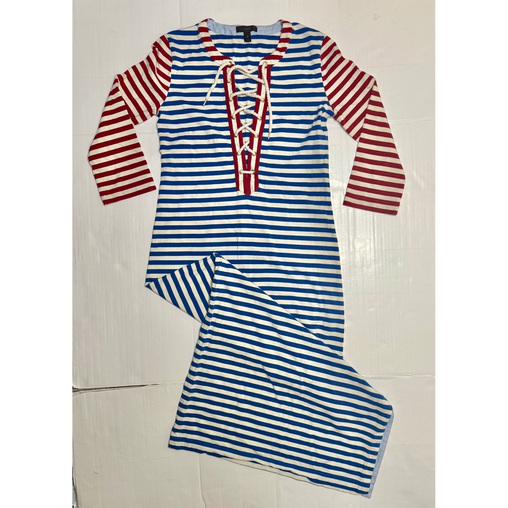 J.Crew Womens XS Striped Lace Up Rope Maxi Dress Blue Red White Cotton RN77388